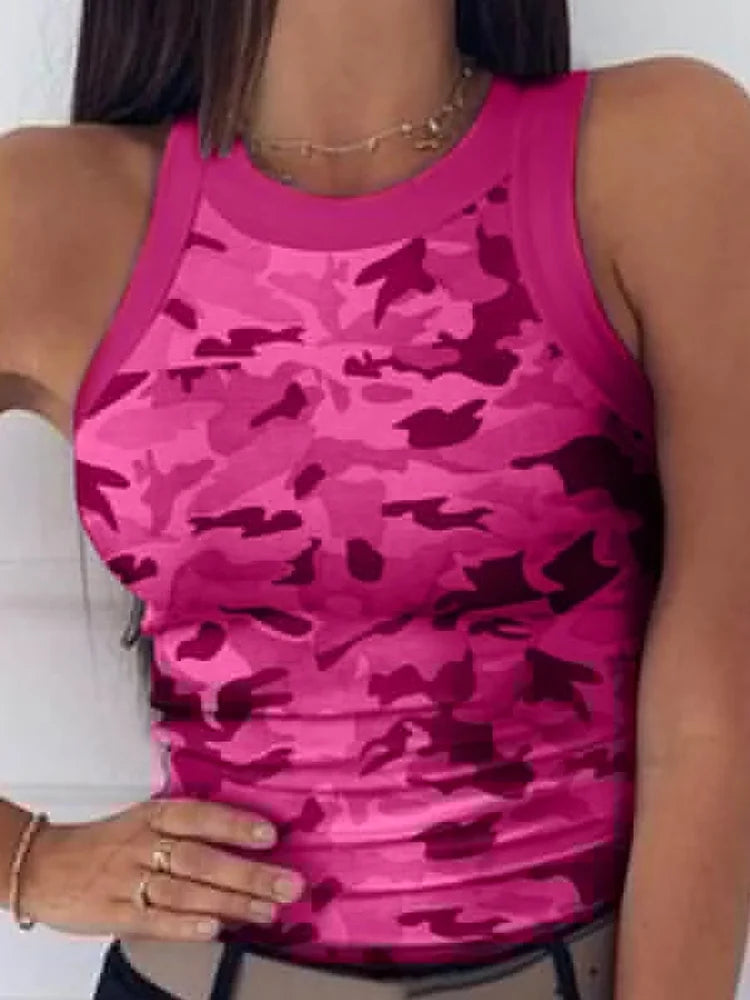 Summer Basic Elastic Tank Top Digital Printing T-shirt Women's O Neck Racerback Sexy Tank Top Stripe Print Sleeveless Tank Top