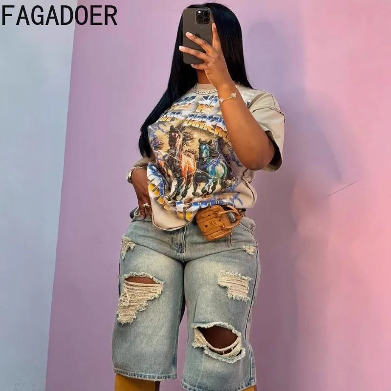 FAGADOER Retro Casual Denim Straight-Leg Shorts Women Old Hole Patchwork Loose Cowboy Jeans Female Streetwear Bottoms 2025 New