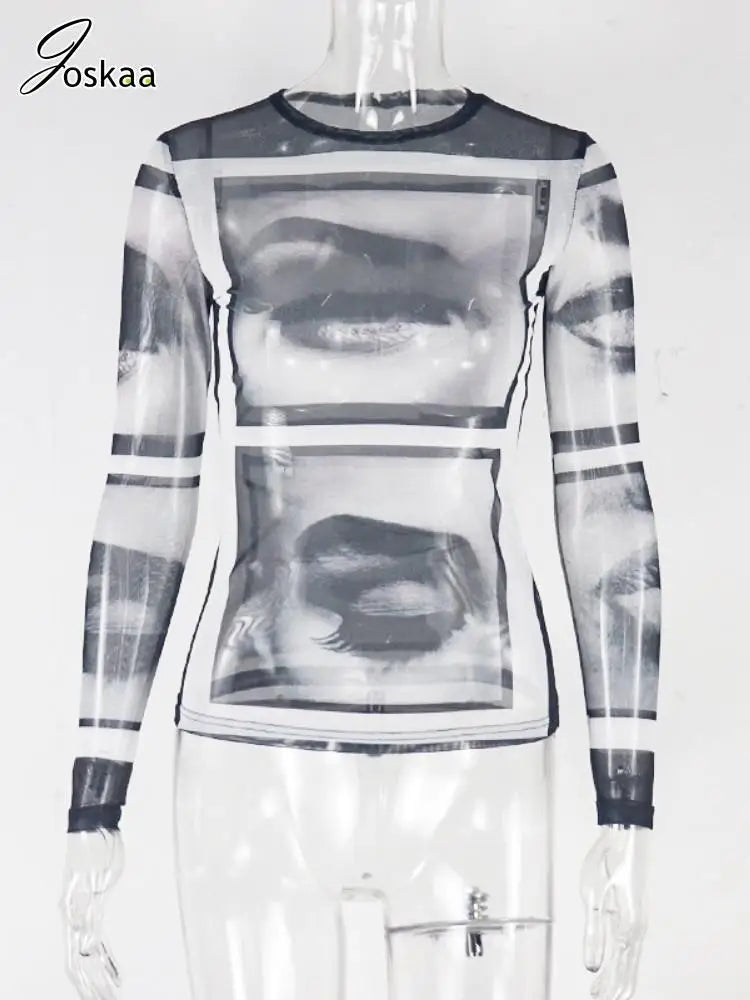 Joskaa Abstract Print Sheer Mesh Y2K T-Shirts Women Hipster O-Neck Full Sleeve Tops 2025 Summer Graphic Tees Midnight Clubwear