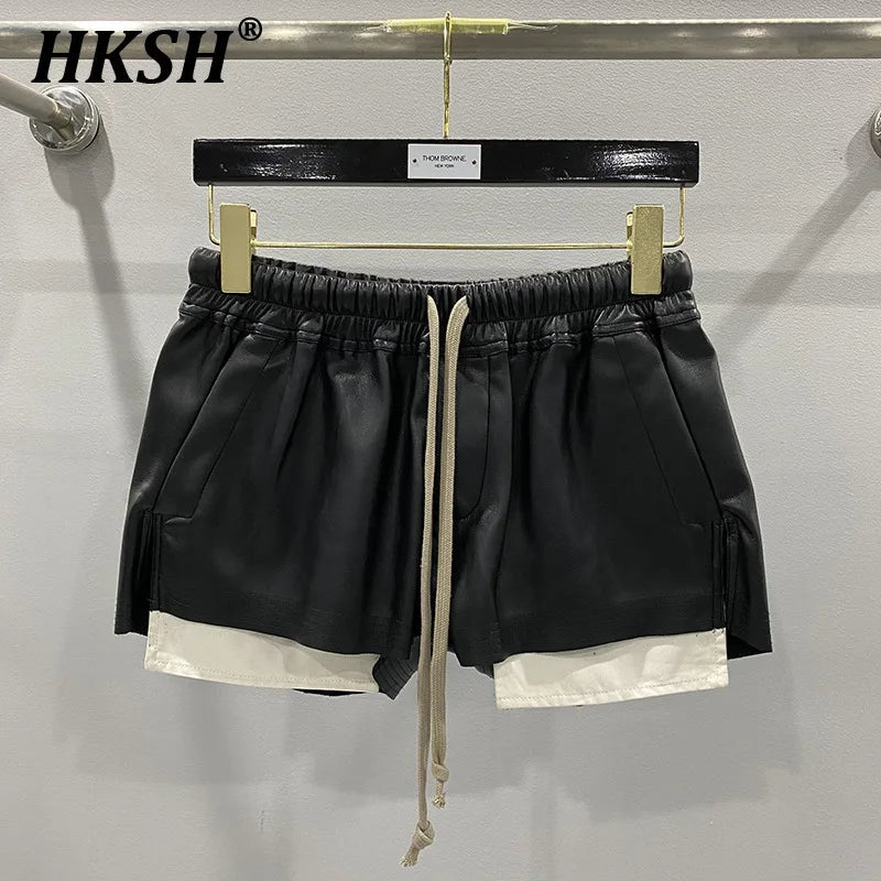 HKSH Women's Tide RO Style PU Leather Shorts Streetwear Fashion Pocket Comfortable New Versatile Dark Chic Y2K Punk Capris H2512
