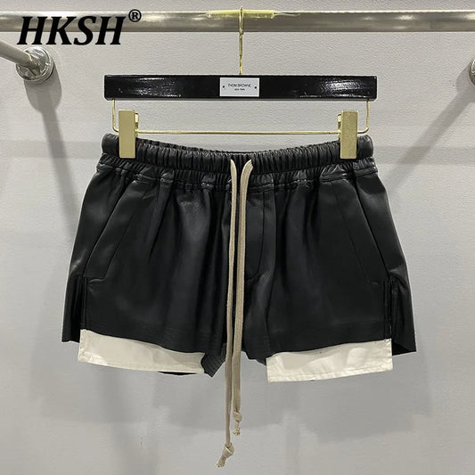 HKSH Women's Tide RO Style PU Leather Shorts Streetwear Fashion Pocket Comfortable New Versatile Dark Chic Y2K Punk Capris H2512