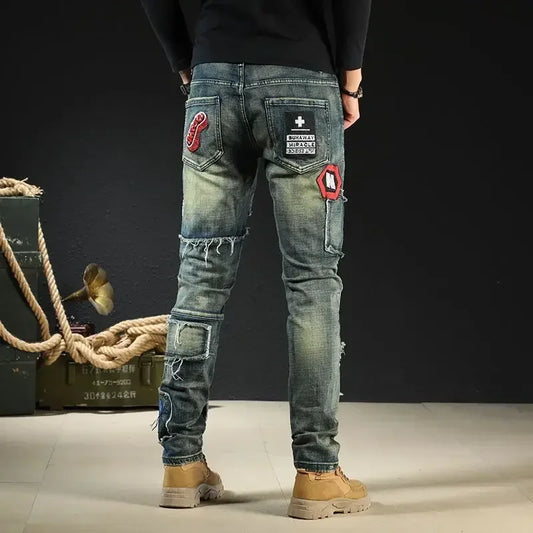 Tight Pipe Skinny Trousers Man Cowboy Pants Slim Fit Jeans for Men with Print Pockets High Quality Harajuku Korean Style Soft Xs