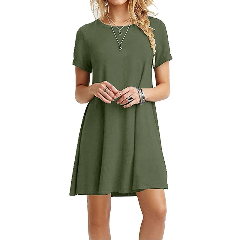 Summer Women Dresses Round Neck T Shirt Dress Slim Knee-length Short Sleeve Dress Casual Printed Skirts
