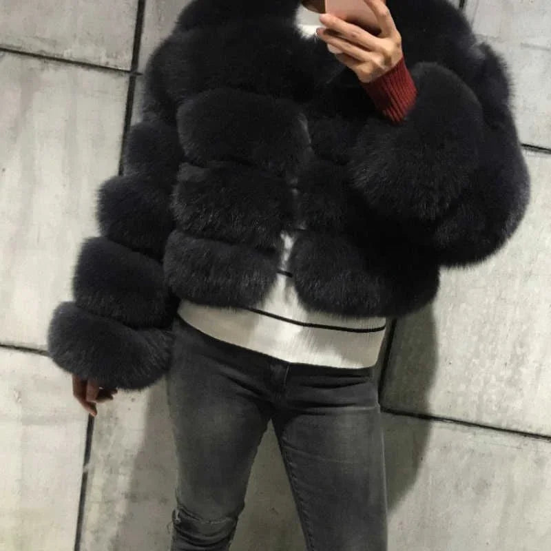 Faux Fur Women Coats Solid Round Neck Full Sleeve Coat Thick Warm Fox Short Open Stitch Elegant Splice Autumn Winter 2024