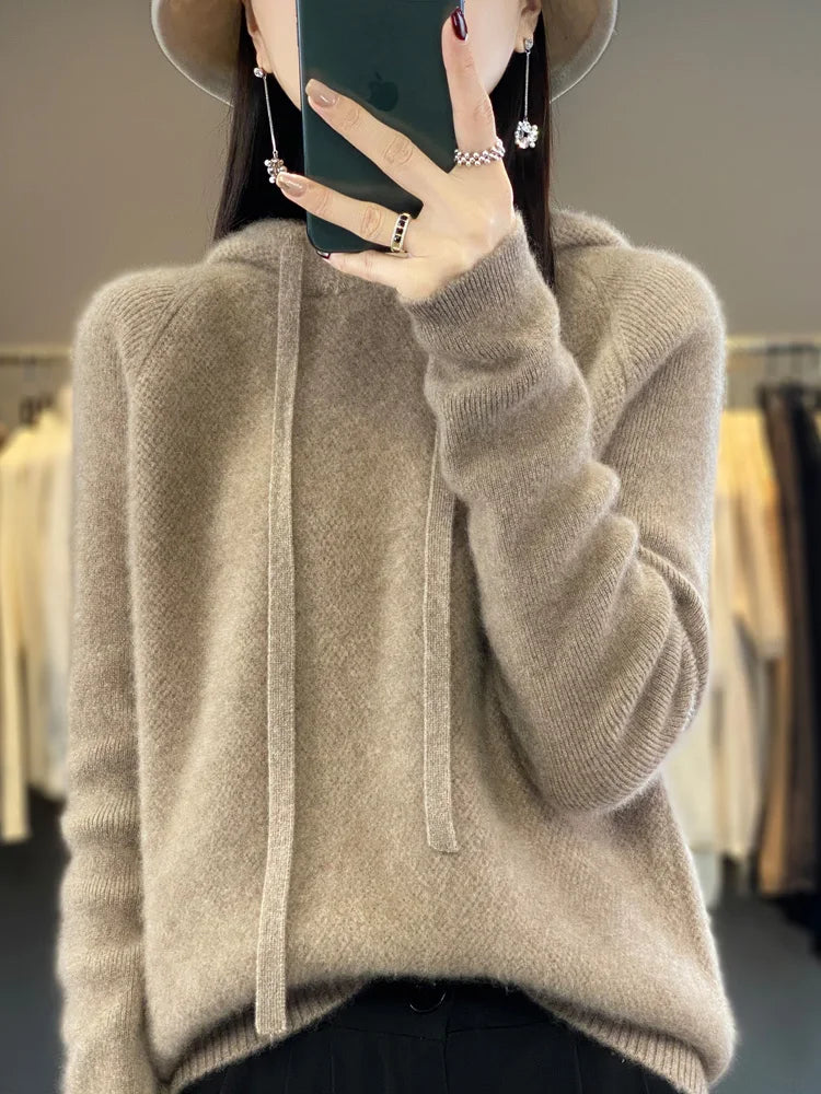 Autumn Winter Women's Cashmere Hooded Pullover Thick Sweater Raglan Sleeve 100% Merino Wool Knitwear Warm Casual Comfortable Top
