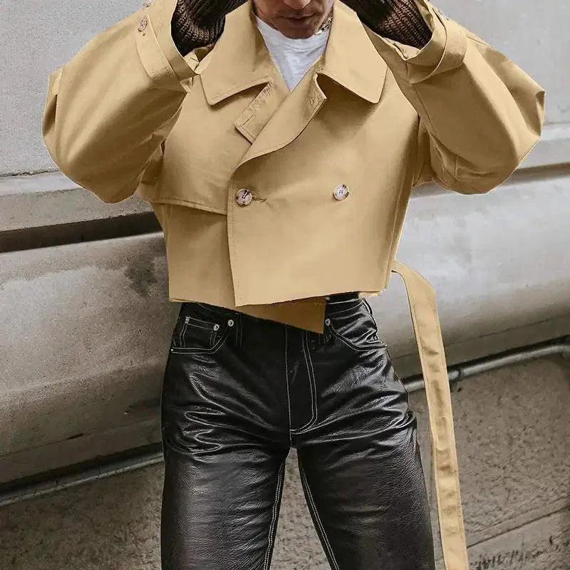 Men's Streetwear Jackets Solid Color Lapel Long Sleeve Loose Male Crop Coats Fashion Casual Retro Popular Jackets With Belt