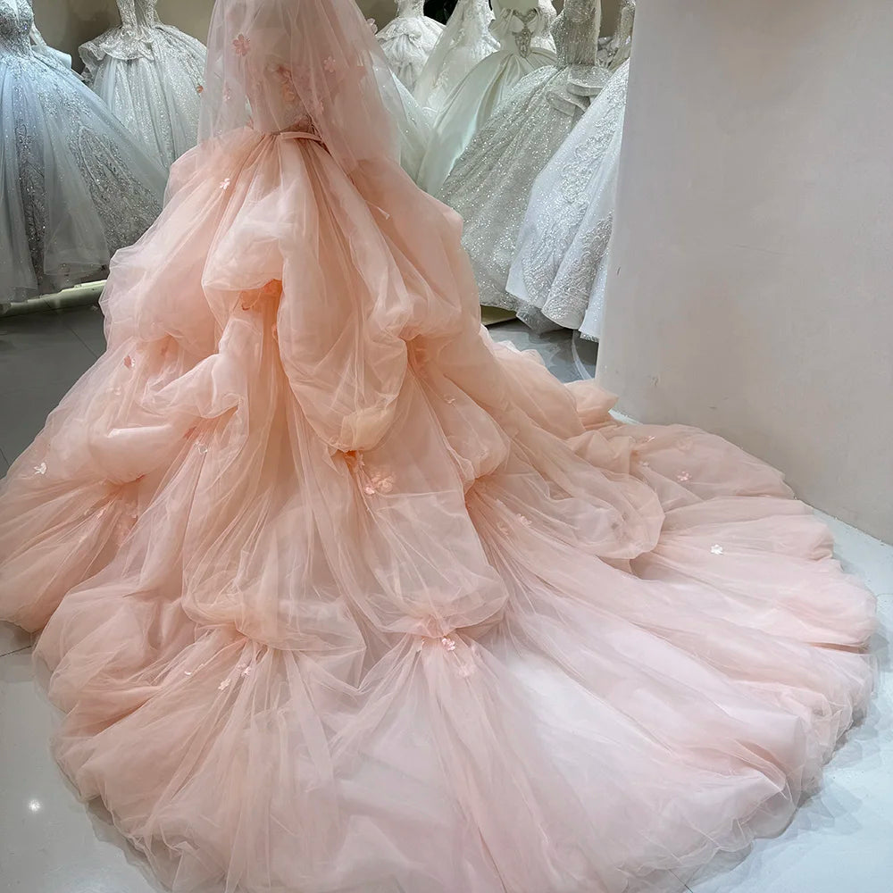 Jancember DW0098 Fairy Pink Puffy Wedding Evening Dresses With 3d Flower