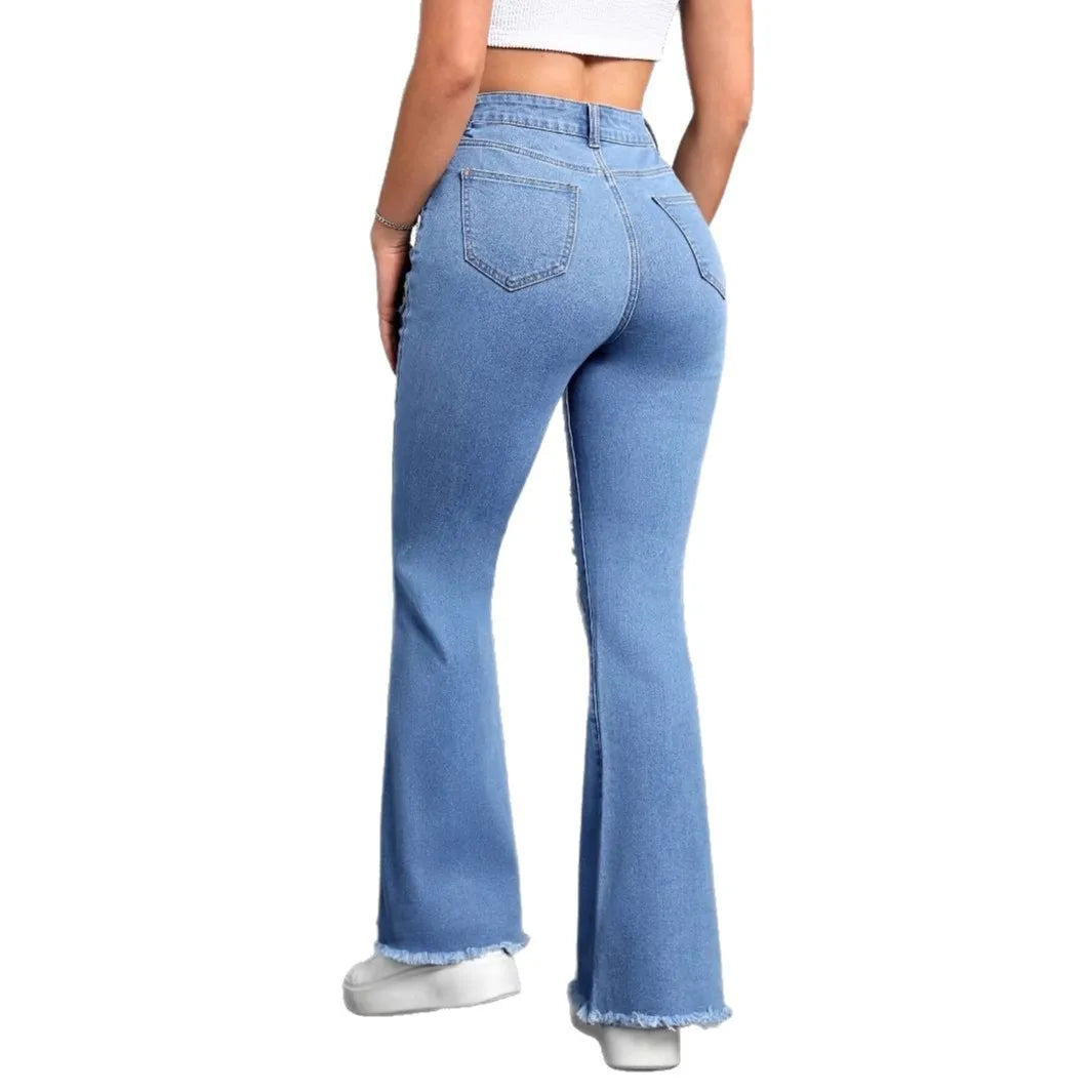 Denim Flared Pants Women Hole Jeans Boot Cut Distressed 2025 Streetwear High Waist Stretch Washed Vintage Full Length Trousers