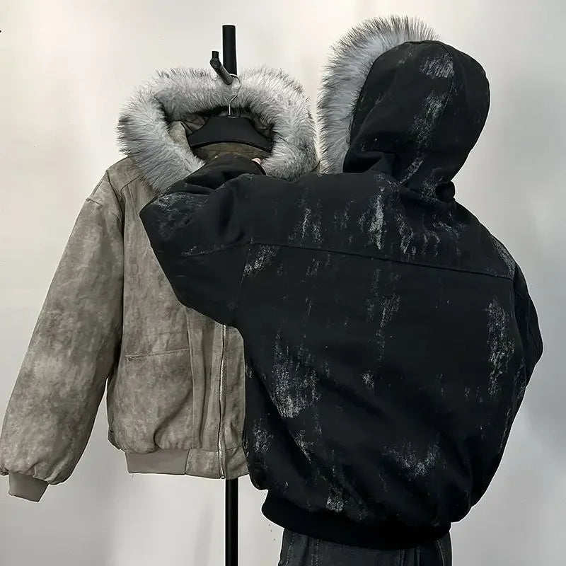 Winter men's cotton jacket with fur collar eagle embroidery and tie-dye design outdoor style jacket thickens and comfortable