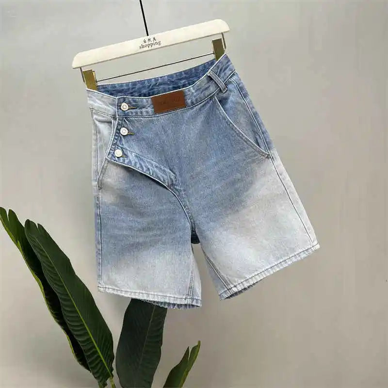 Gradient Design Denim Shorts Women Summer New High Waist Diagonal Buckle Loose Short Jeans Fashion Niche Straight Cowgirl Shorts