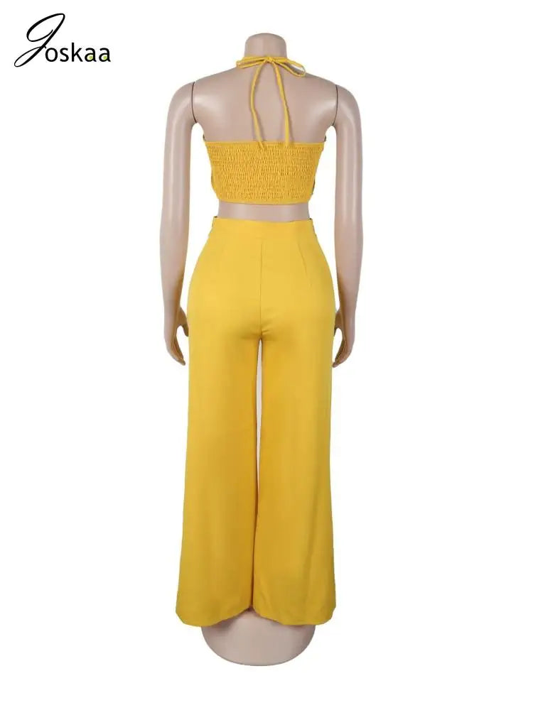 Joskaa 2025 Women 2 Piece Sets Sexy Strapless Ruched Halter Tops+High Waist Side Zip Wide Leg Pants Suits Tracksuits Streetwear