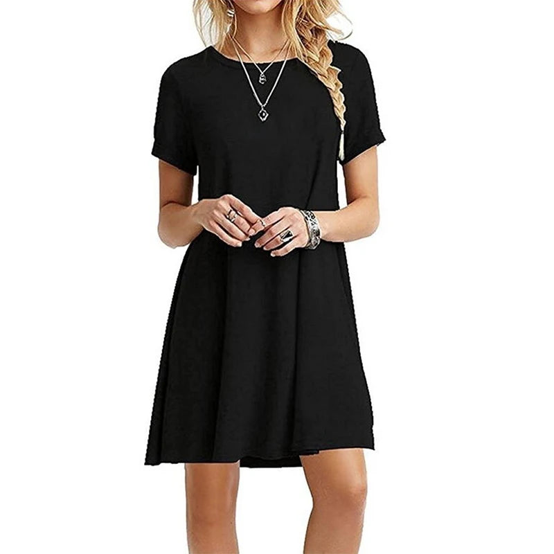 Summer Women Dresses Round Neck T Shirt Dress Slim Knee-length Short Sleeve Dress Casual Printed Skirts