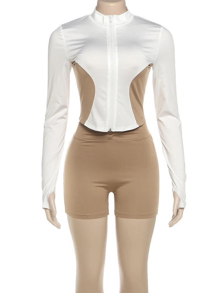 Nibber Daily Casual 2piece Set Women Tracksuit Zip Contrast Patchwork Full Sleeve Jacket+Shorts Simple Sporty Street Outfits