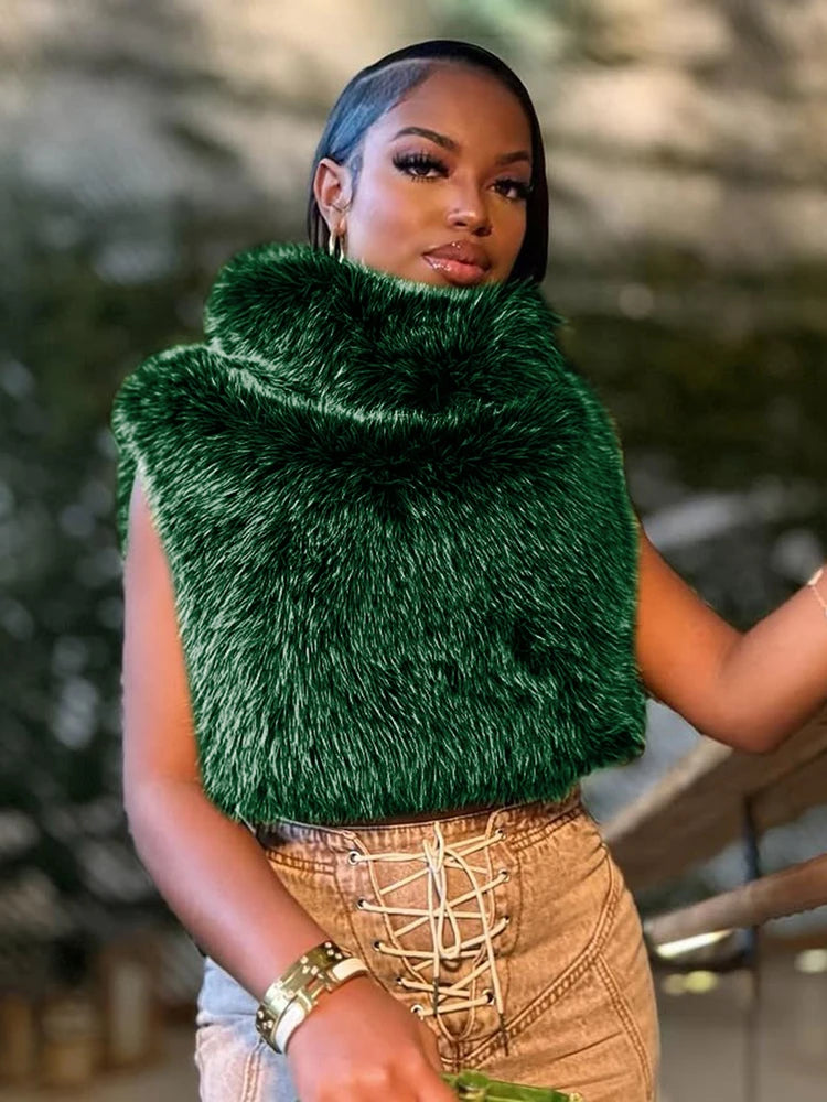 Weird Puss Turtleneck Furry Tank Tops Women Y2K Sexy Side Split Chic Fall Trend Midnight Basic Street Furs Hipster Clubwear Vest