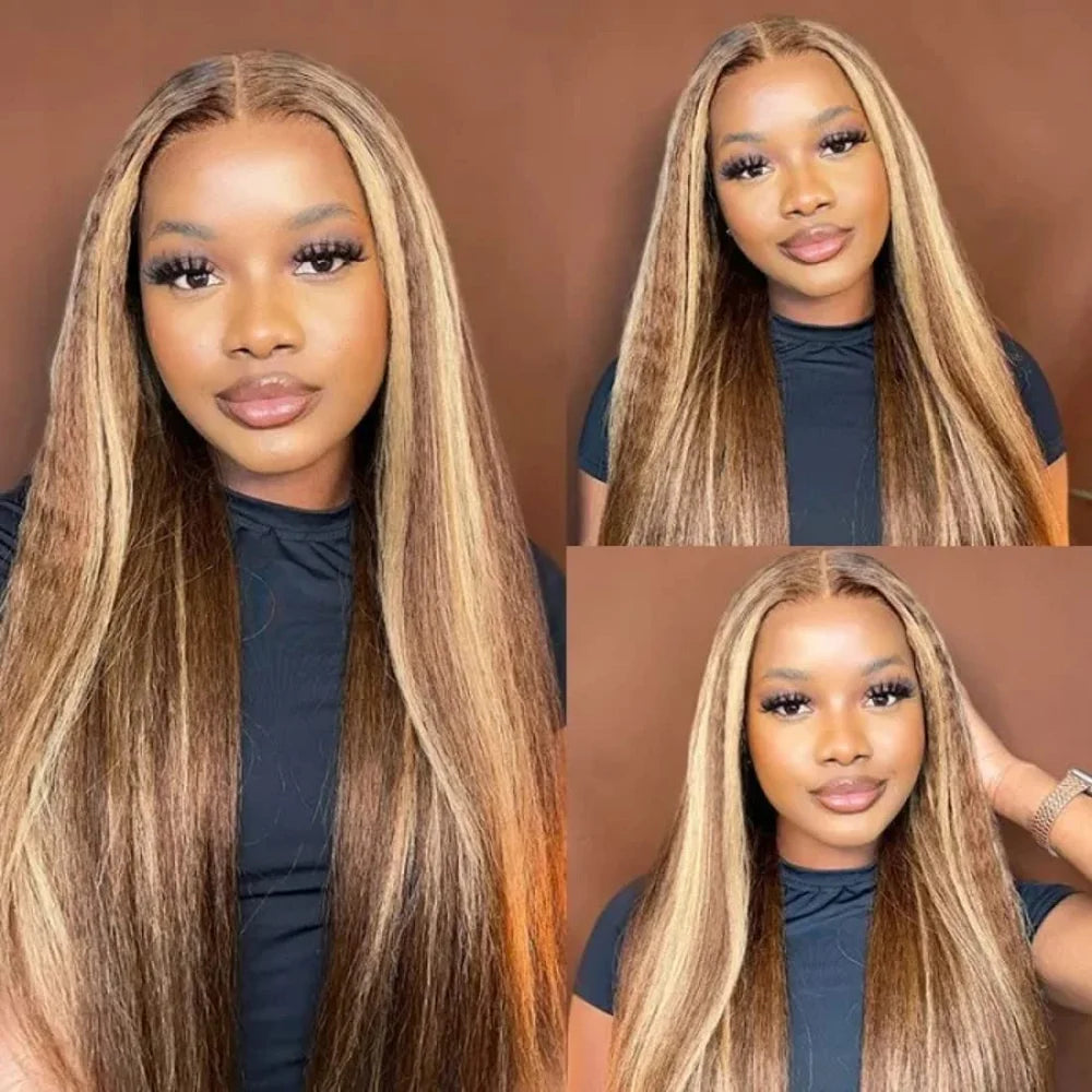 4/27 Kinky Straight 13x6 Lace Frontal Human Hair Wigs For Women Blonde Brown Piano Color 13x4 Lace Front Wig PrePlucked Yaki Wig