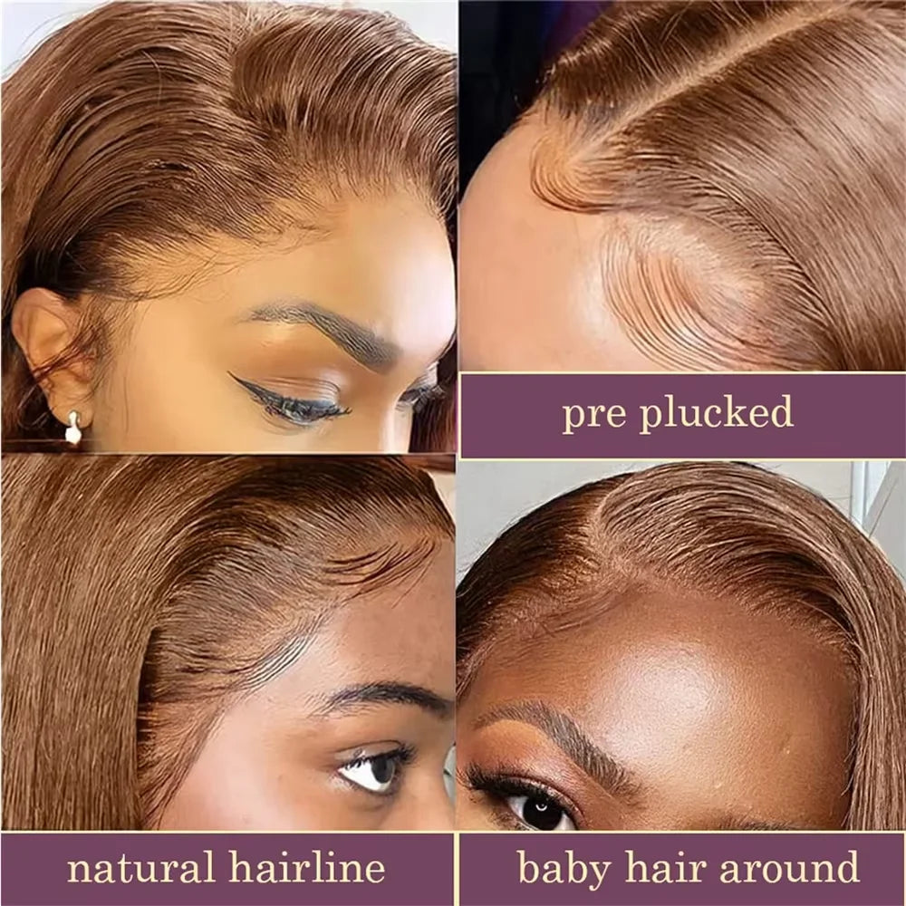 220 Density Full Frontal 13x4 HD Transparent Lace #4 Chocolate Brown Straight Short Bob Wig Human Hair Wigs Pre Plucked Wig