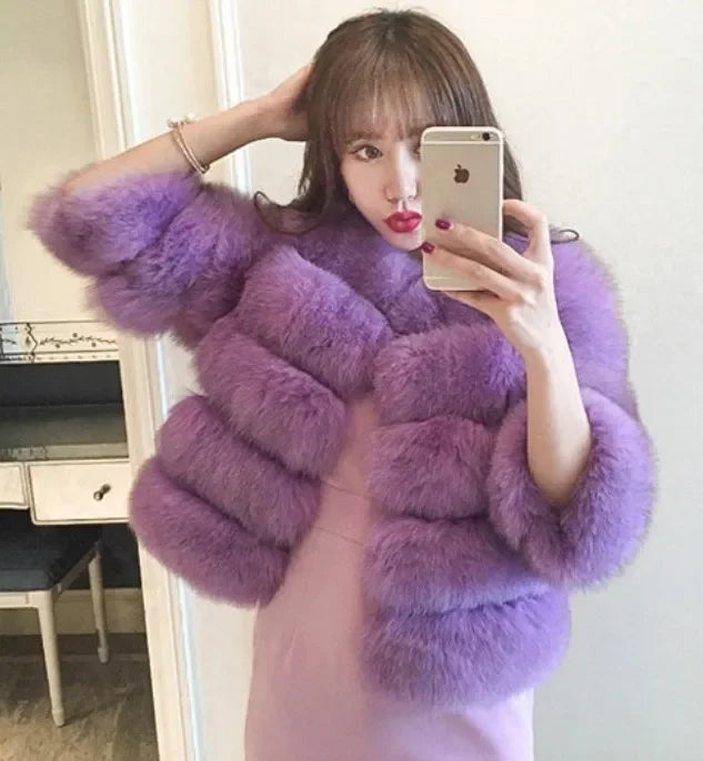 Faux Fur Women Coats Solid Round Neck Full Sleeve Coat Thick Warm Fox Short Open Stitch Elegant Splice Autumn Winter 2024