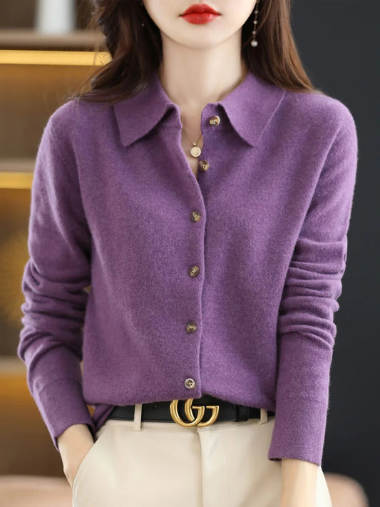Chic Women's POLO Collar Thick Soft Warm Knitted Cardigan 100% Merino Wool New Arrivals Simple Button Solid Color Sweater Tops