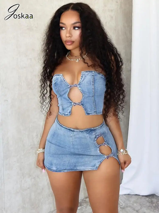 Joskaa Stretch Denim 2 Piece Sets Women Sexy Cutout Tube Tops and Split Mini Hip Skirts Matching Streetwear Party Club Outfits