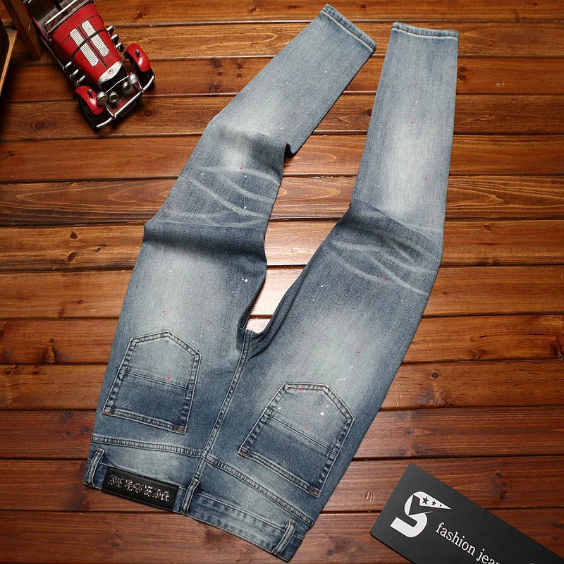 Light luxury fashion men's clothing summer thin jeans men's slim fit small feet elastic trend printed long pants