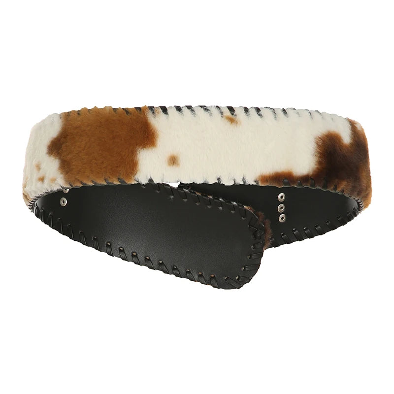 Fashion Classical Leather Pu Spliced Faux Fur Women’s Belts Cow Pattern Exquisite Retro Accessories