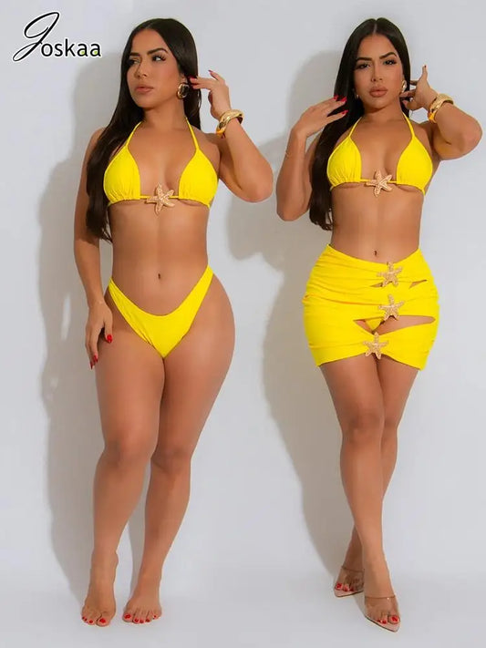 Joskaa Sexy Bikini 3 Piece Sets Women Bra+Briefs+Hollow Mini Skirt Matching Swimsuit 2025 Summer Bathing Suit Holiday Beachwear