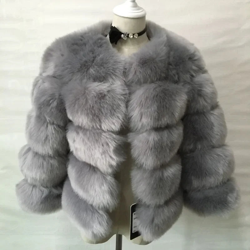 Faux Fur Women Coats Solid Round Neck Full Sleeve Coat Thick Warm Fox Short Open Stitch Elegant Splice Autumn Winter 2024