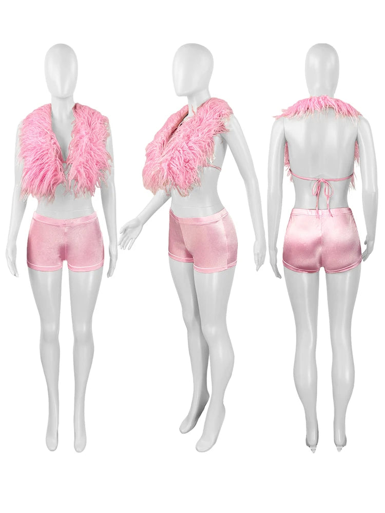 Luxury Fur Patchwork 2 Pieces Set for Woman Outfit Summer 2025 New Tank Top and Stretch Shorts Midnight Club Wear Party Suits