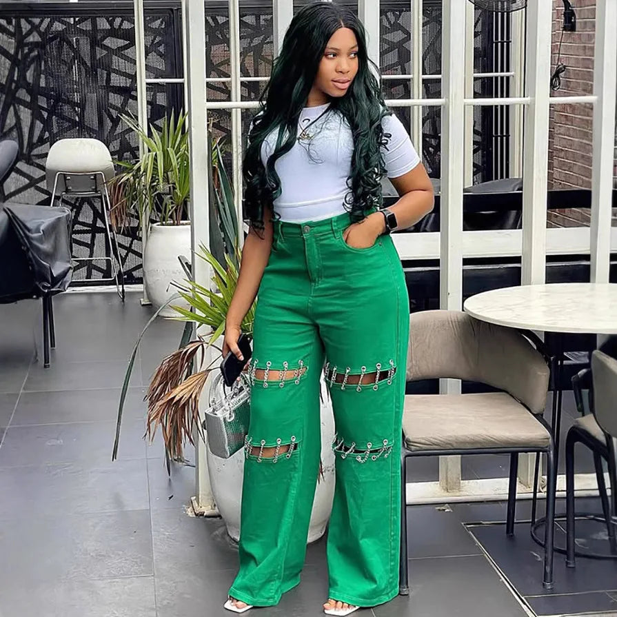New Casual Empty Nail and Chain Stitching Jeans. Women's Spring Summer Fashion Solid-colored Loose High-waisted Wide-leg Jeans