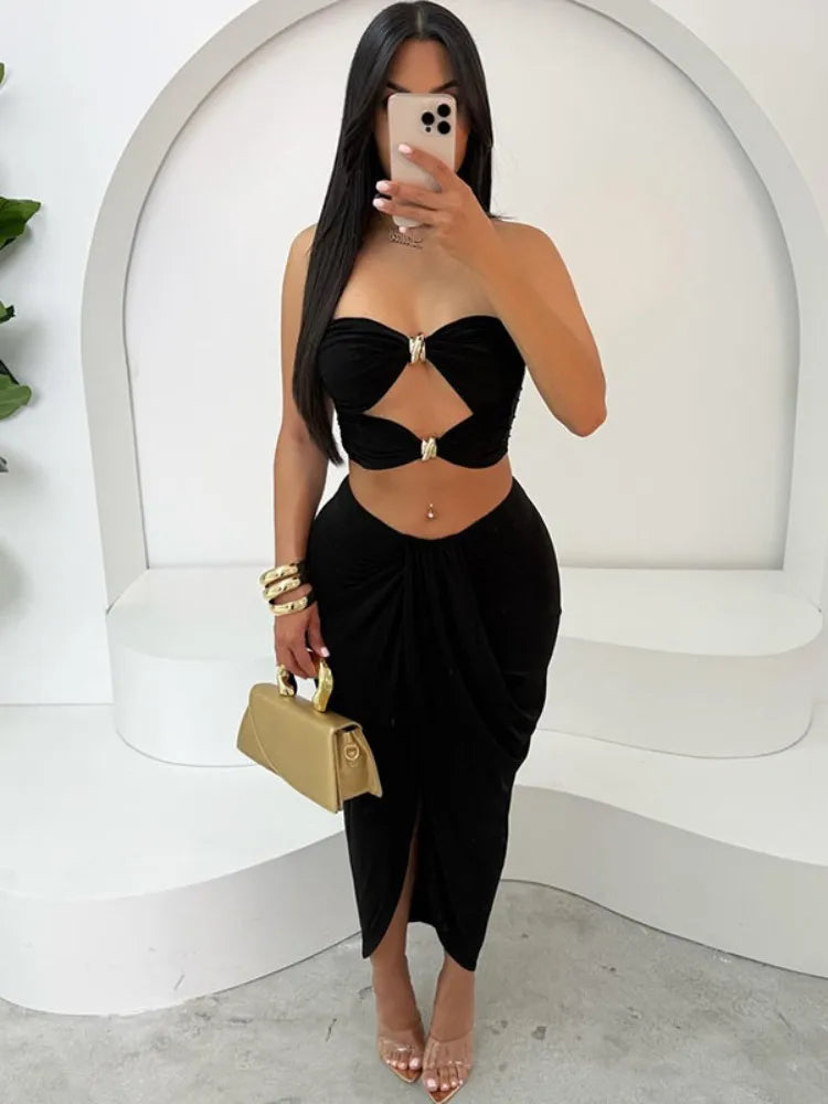 Joskaa 2025 Summer Women 2 Piece Sets Sexy Hollow Ruched Tube Top+High Waist Slit Skirt Matching Holiday Birthday Party Clubwear