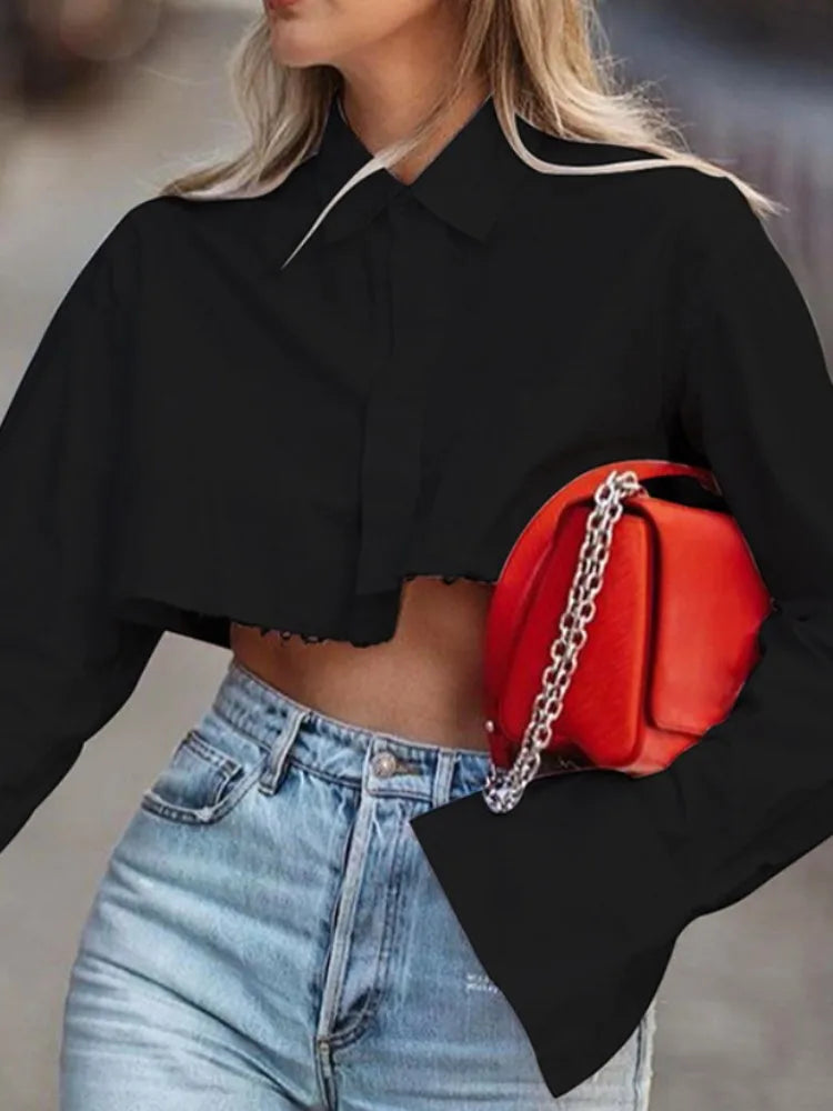 Joskaa Unique Irregular Shirts Women Hipster Sexy Lapel Long Sleeve Single Breasted Crop Tops Female Blouses Harajuku Sreetwear