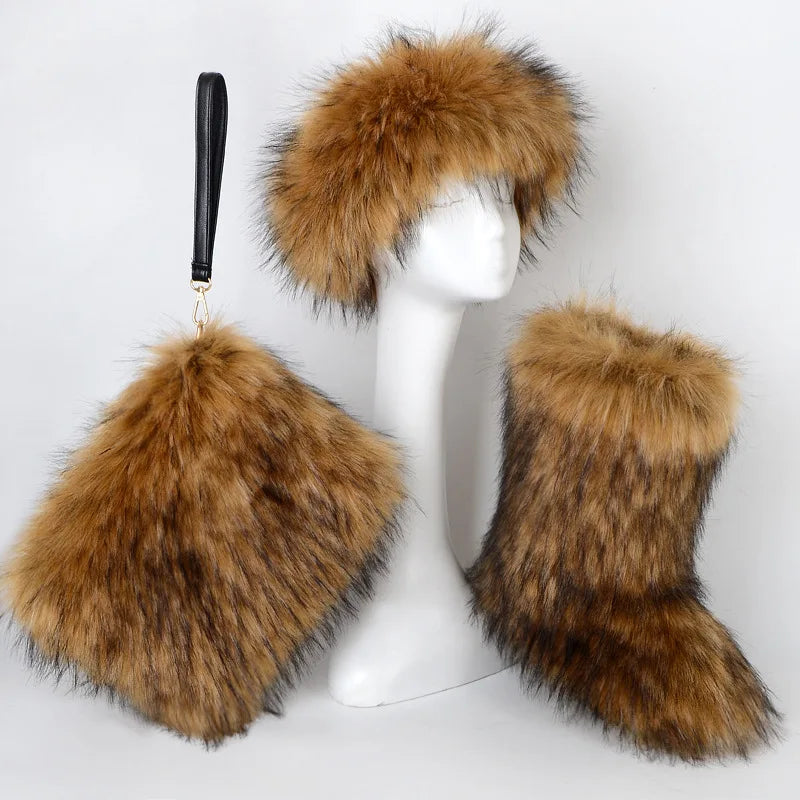 Women High Quality Fur Snow Boots One Fur Plus Velvet Thick Plus Size Snow Boots Headband Clutch Bag Imitation Fox Fur Boots Set