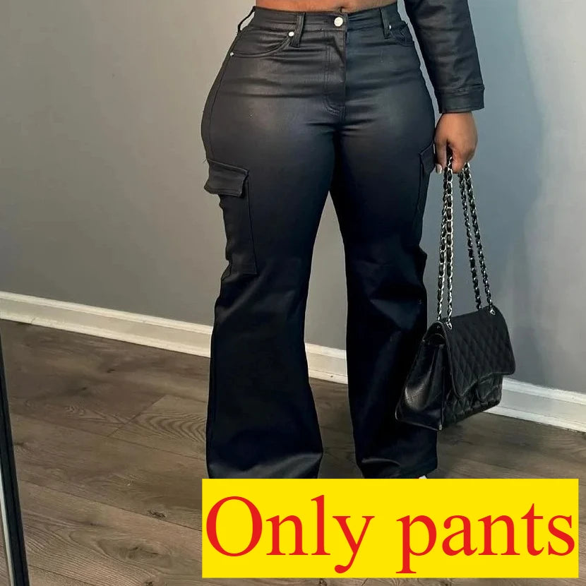 FAGADOER Y2K Punk Leather 2 Piece Sets Women Outfit Fashion Long Sleeve Buttons Crop Jacket And High Waisted Flare Pants Suit