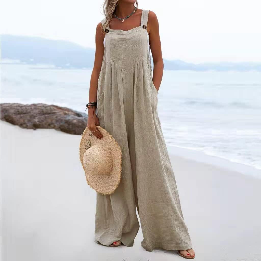 Women Summer Wide Leg Jumpsuit Casual plus Size Romper Pants Boho One Piece Elegant Loose Trousers Suspender Overalls (A7 Khaki, Medium)
